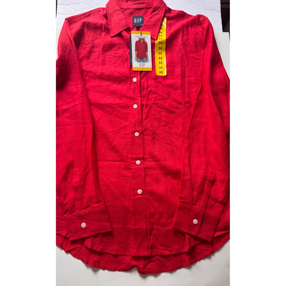 GAP Women Red Linen Button Down Shirt Long Sleeve Pocket GP012715 Size M NEW